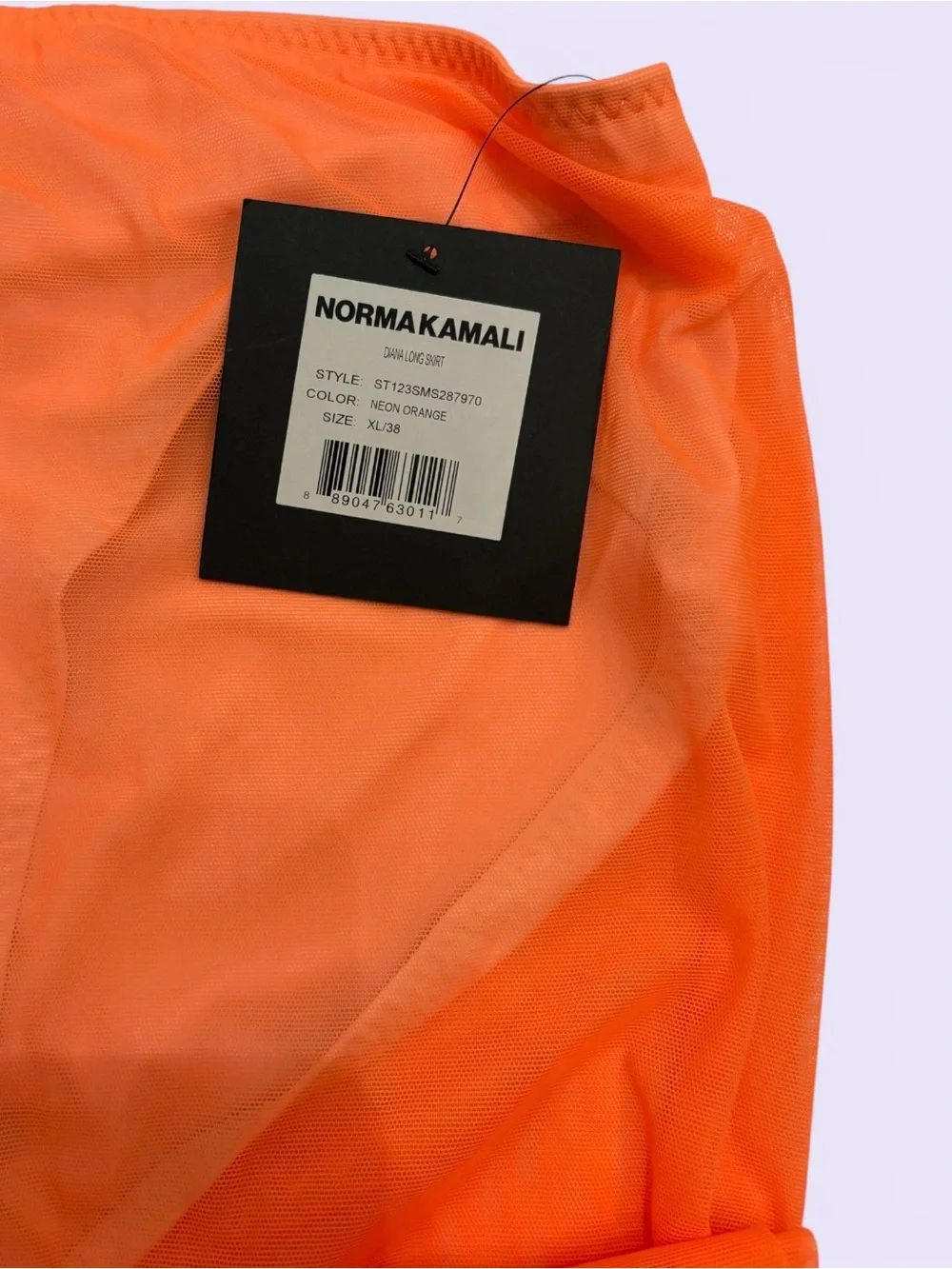 Norma Kamali Diana Long Skirt NWT Neon Orange Ruched Mesh Sheer XL